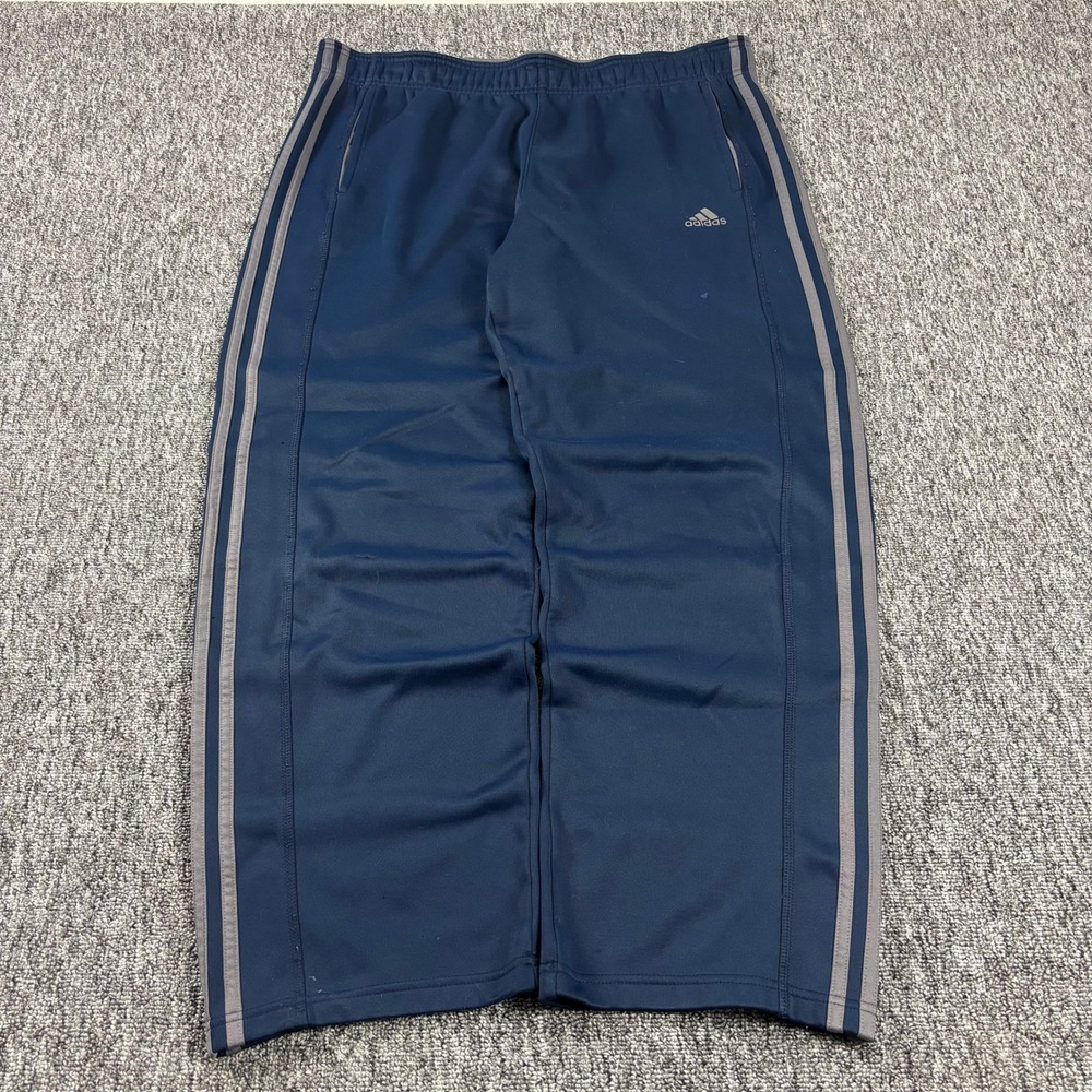 Y2K Baggy Adidas Heavyweight Striped Gym Track Pants Navy Blue Grey XL Retro